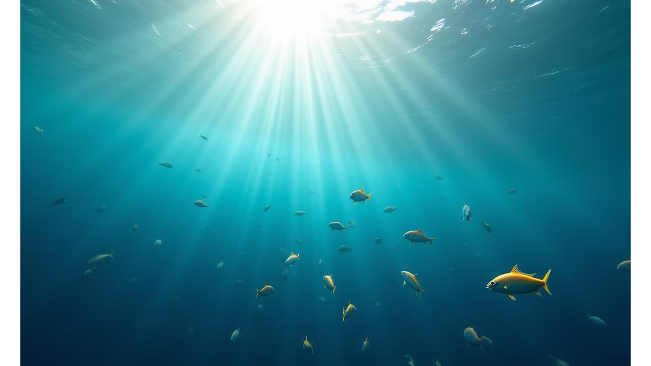透明で美しい海洋環境と魚群、その向こうに持続可能な未来を象徴する明るい朝日の光