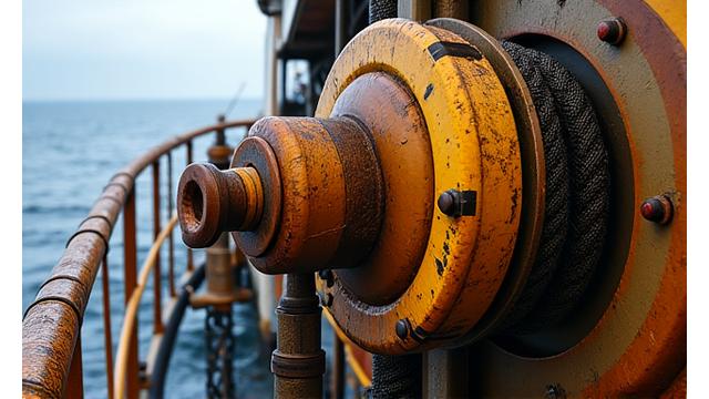 大型まき網漁船のデッキで、鉄魚界が製造した堅牢なウインチと滑車システムが稼働している様子。