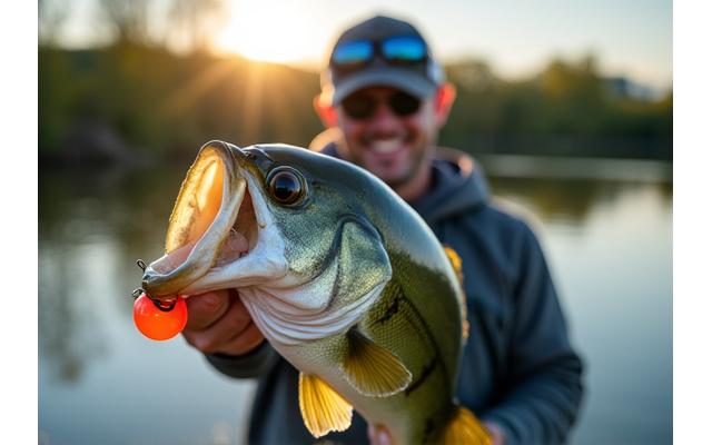 実釣で大物を釣り上げたプロアングラーが、喜びの表情でマイクロスピナーベイトを手にしている。背景は壮大な釣り場の風景。