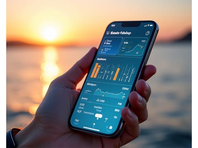 スマートフォン画面に釣果データや水温データが表示されているモックアップ、背景に海